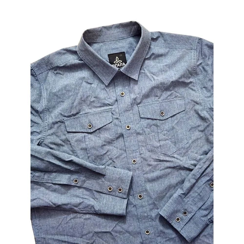 PrAna Men's Med button up Hiking Outdoor‎ shirt Blue chest pocket Roll Tab nylon